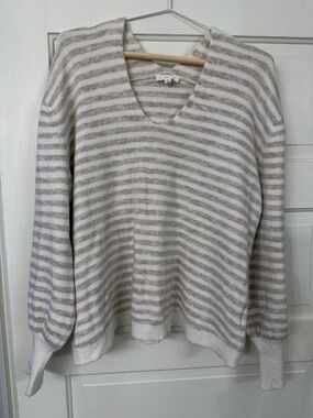 Striped V-Neck Sweater in Cream & Tan